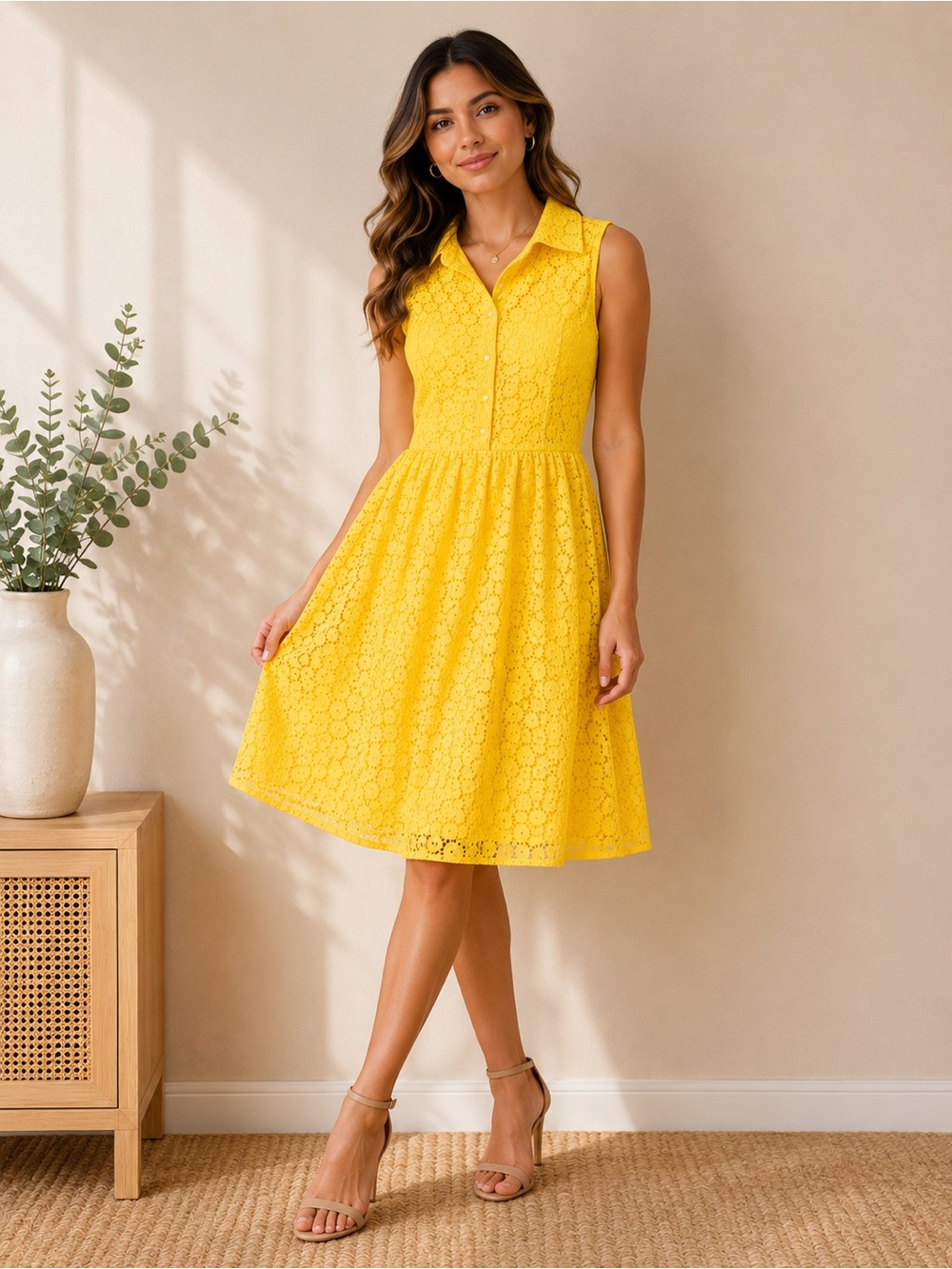 Yellow Lace Fit & Flare Dress Sleeveless Collared A-Line Midi M